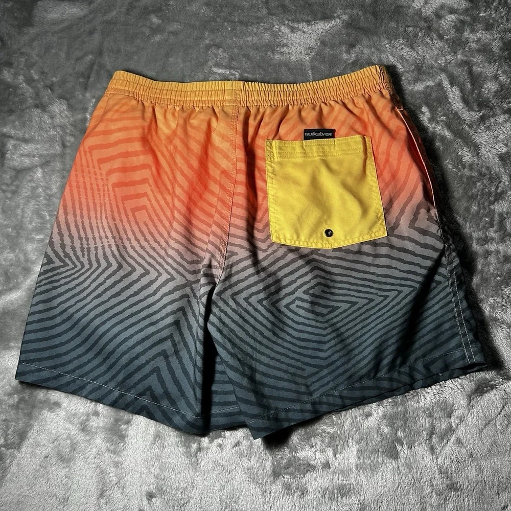 Quiksilver Shorts Men Size Large Orange Grey Boardshorts Drawstring Swim